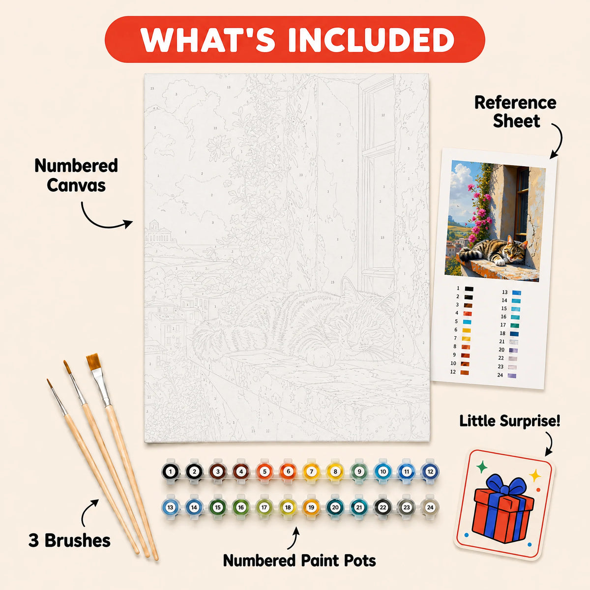 Windowsill Nap Paint by Numbers Kit: everything included in the kit