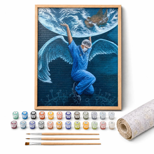 Winged Street Art Paint by Numbers Kit: complete kit with framed artwork, numbered paint pots and brushes