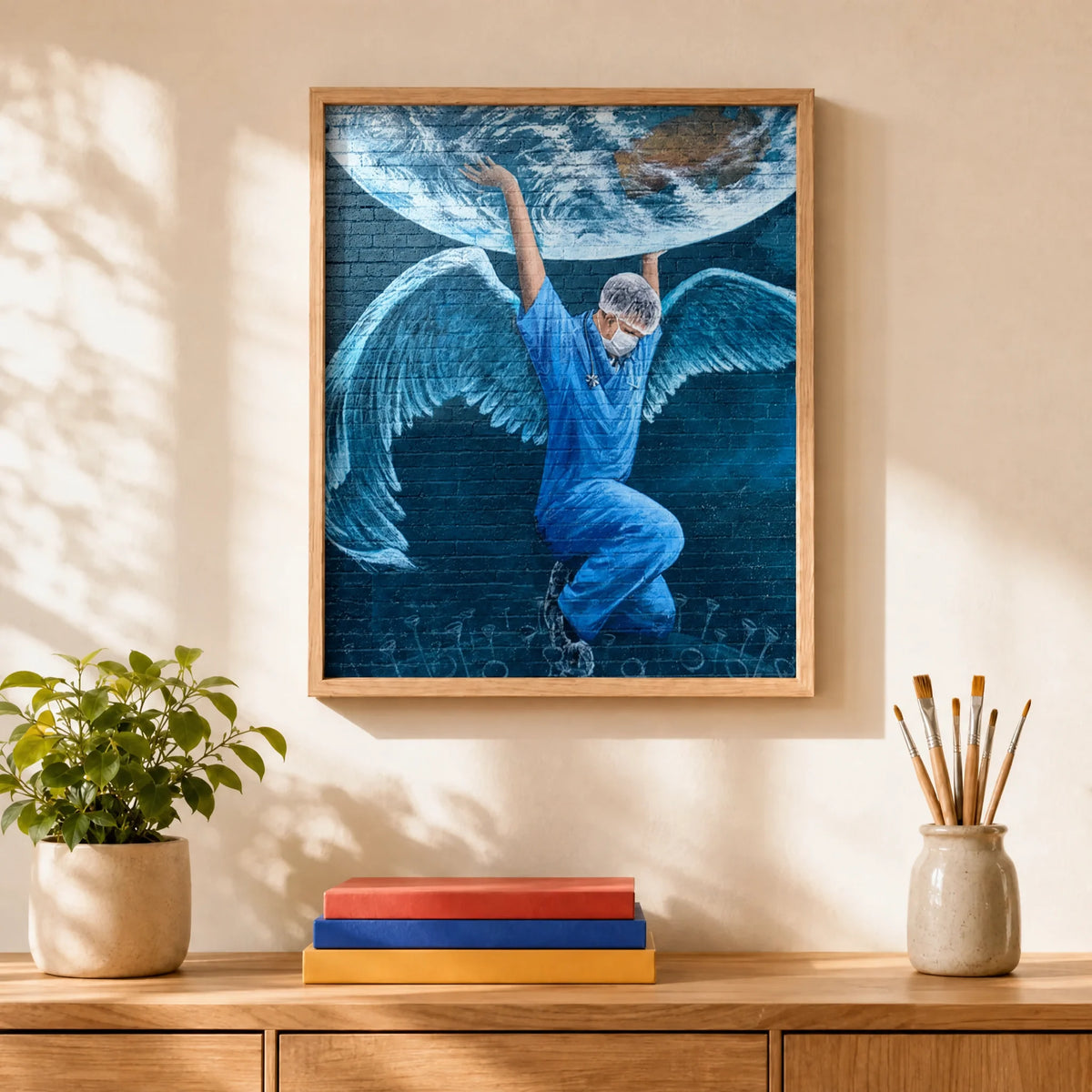 Winged Street Art Paint by Numbers Kit: finished canvas displayed in a living room