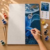 Winged Street Art Paint by Numbers Kit: before and after: numbered canvas and hand painted result