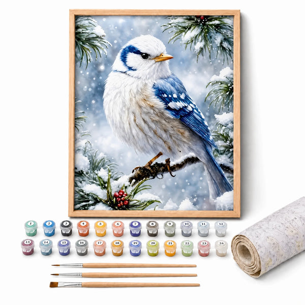 Winter Blue Jay Paint by Numbers Kit: complete kit with framed artwork, numbered paint pots and brushes
