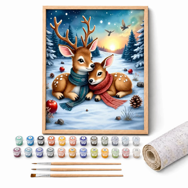 Winter Deer Cuddle Paint by Numbers Kit: complete kit with framed artwork, numbered paint pots and brushes