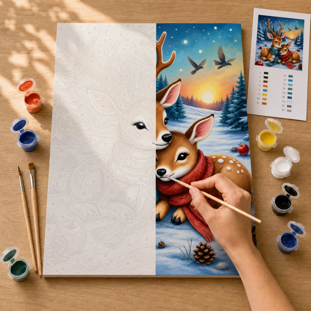 Winter Deer Cuddle Paint by Numbers Kit: before and after: numbered canvas and hand painted result