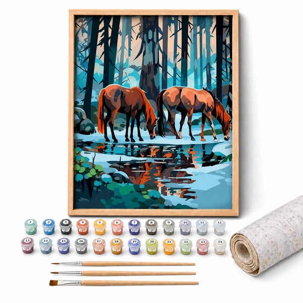 Winter Horses Paint by Numbers Kit: complete kit with framed artwork, numbered paint pots and brushes