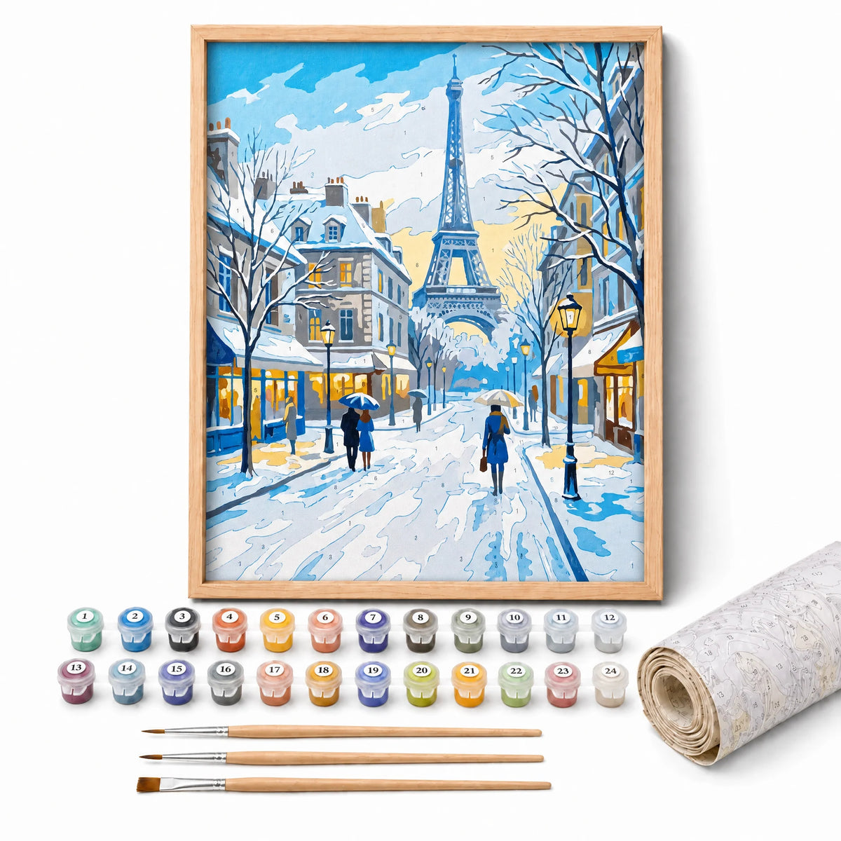 Winter Paris Paint by Numbers Kit: complete kit with framed artwork, numbered paint pots and brushes