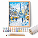 Winter Paris Paint by Numbers Kit: complete kit with framed artwork, numbered paint pots and brushes