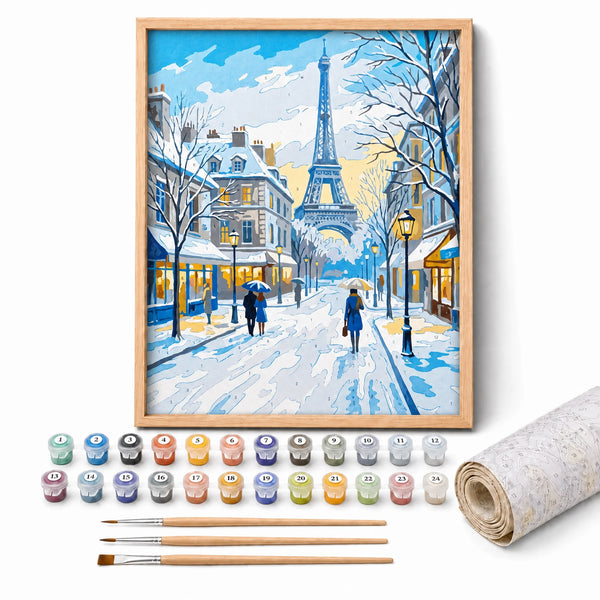 Winter Paris Paint by Numbers Kit: complete kit with framed artwork, numbered paint pots and brushes
