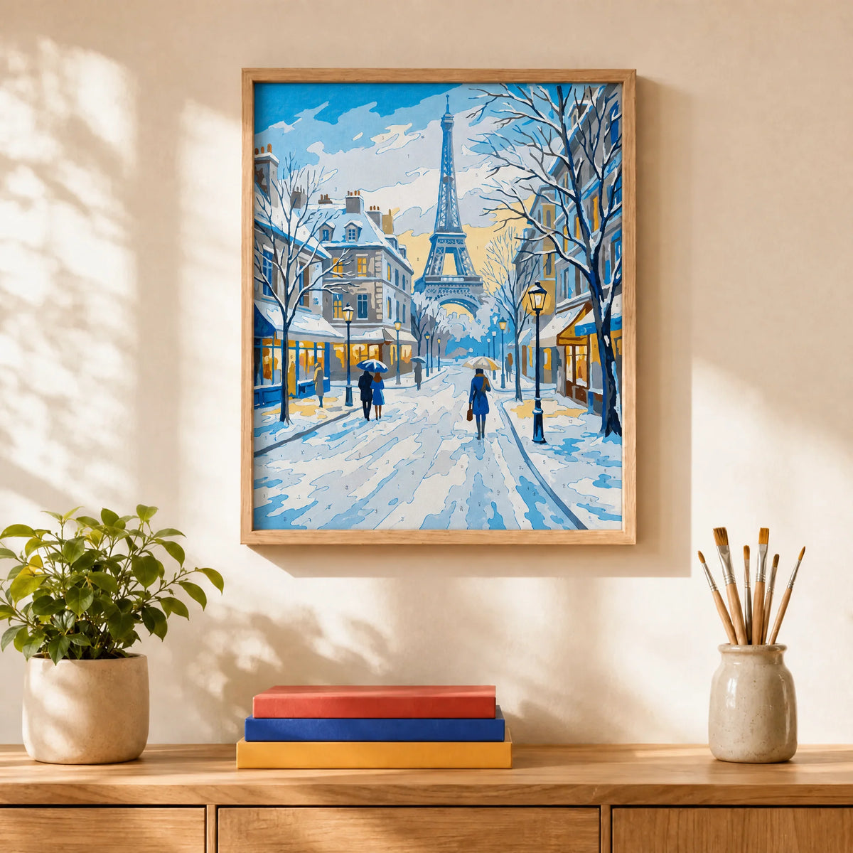 Winter Paris Paint by Numbers Kit: finished canvas displayed in a living room