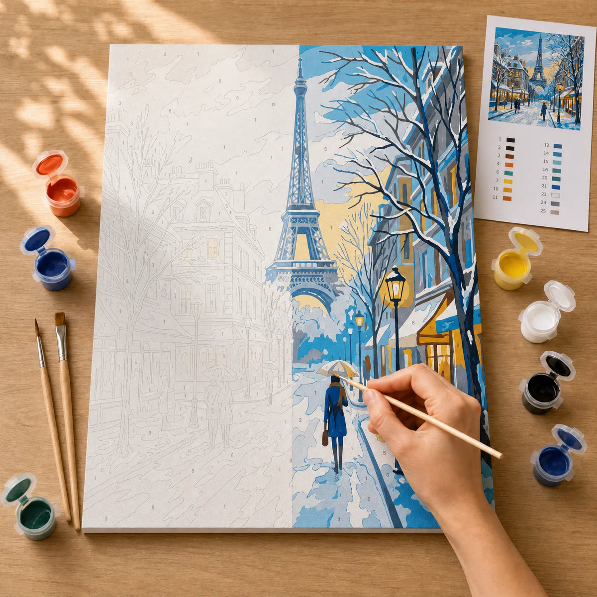Winter Paris Paint by Numbers Kit: before and after: numbered canvas and hand painted result