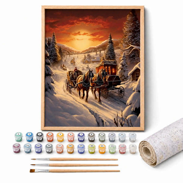Winter Sleigh Ride Paint by Numbers Kit: complete kit with framed artwork, numbered paint pots and brushes