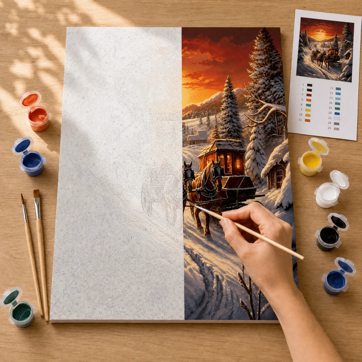 Winter Sleigh Ride Paint by Numbers Kit: before and after: numbered canvas and hand painted result