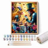 Wonderland Tea Party Paint by Numbers Kit: complete kit with framed artwork, numbered paint pots and brushes