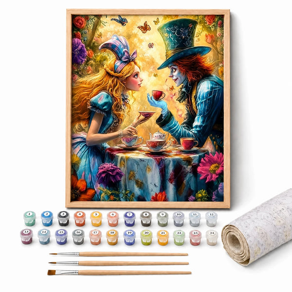 Wonderland Tea Party Paint by Numbers Kit: complete kit with framed artwork, numbered paint pots and brushes