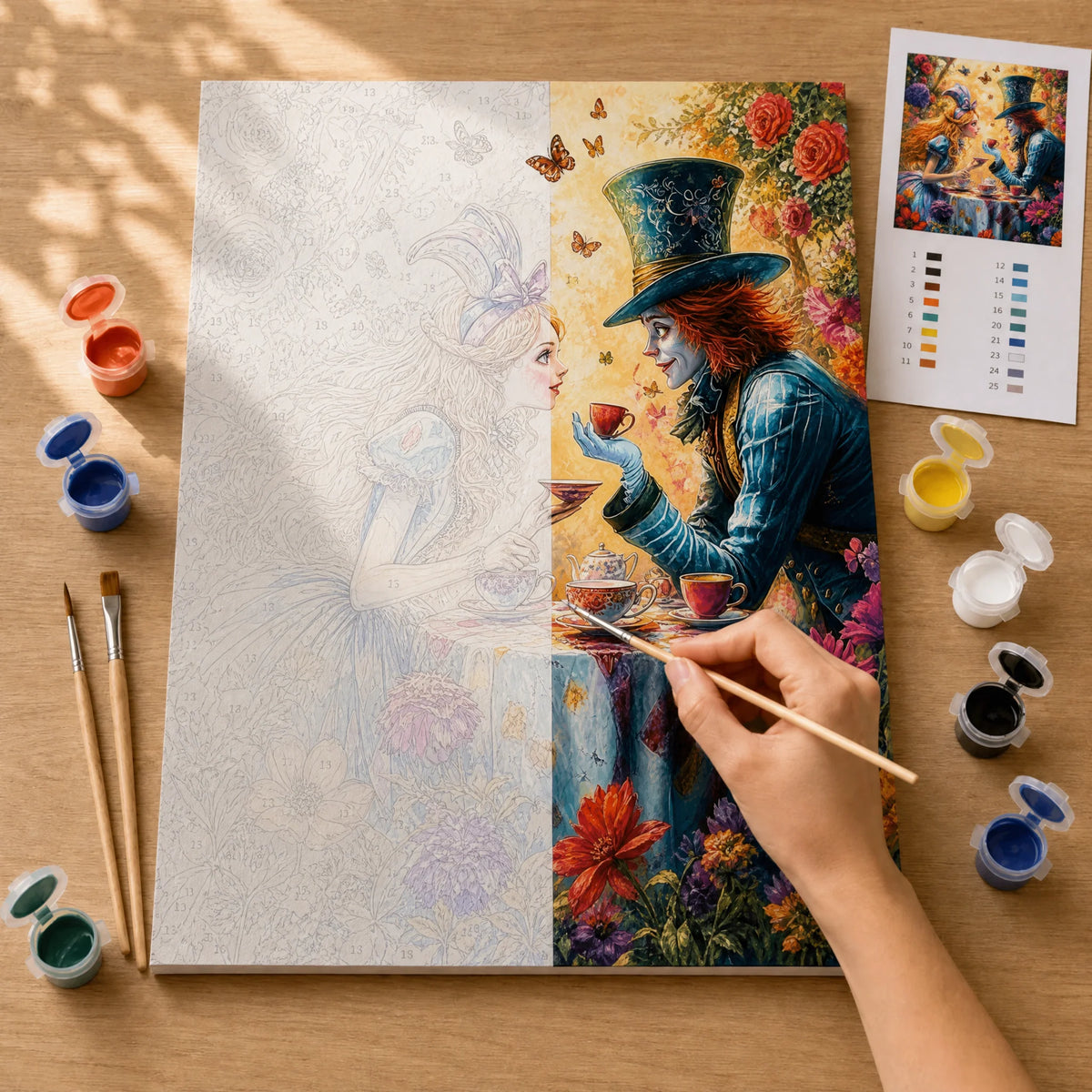 Wonderland Tea Party Paint by Numbers Kit: before and after: numbered canvas and hand painted result