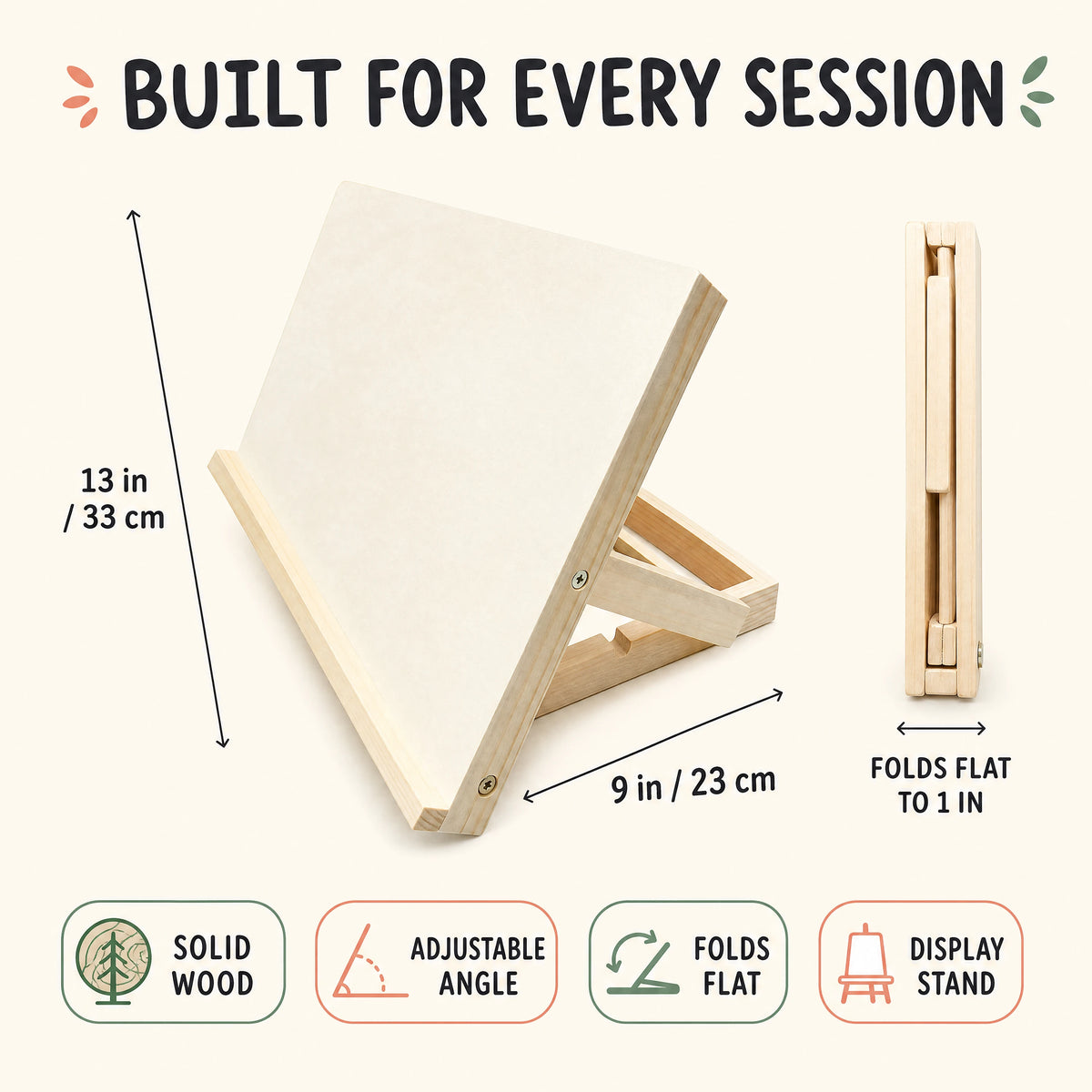 infographic: easel dimensions 13 by 9 inches, folds flat to 1 inch, solid wood | Foldable Wooden Tabletop Easel