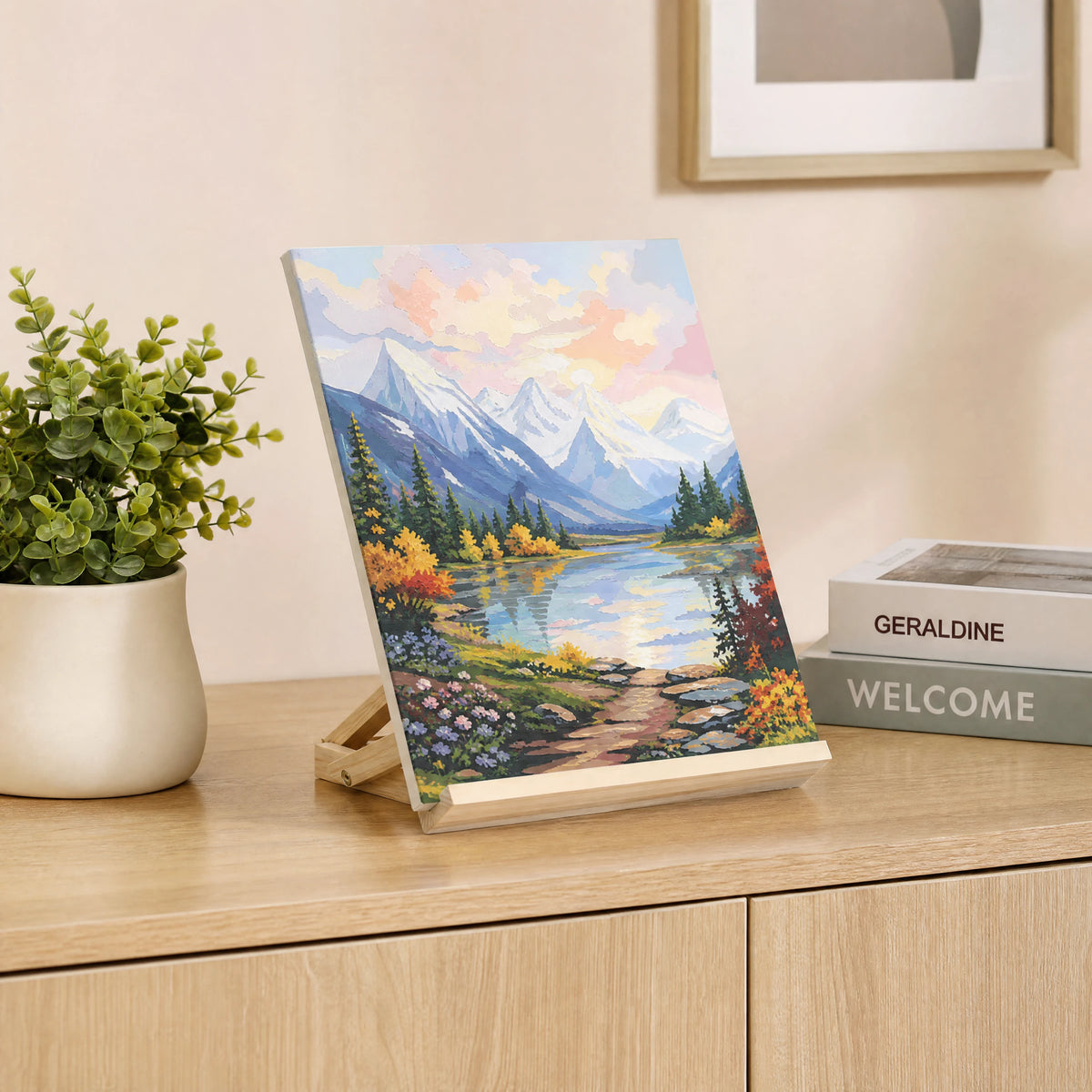 easel displaying a finished painting on a sideboard | Foldable Wooden Tabletop Easel